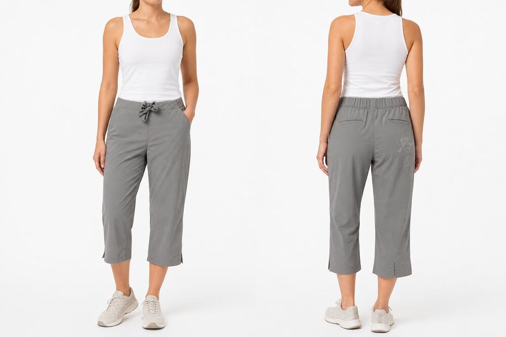 Lucy Women Gray Nylon Stretch Capri Yoga Workout Performance Pants Floral Back L
